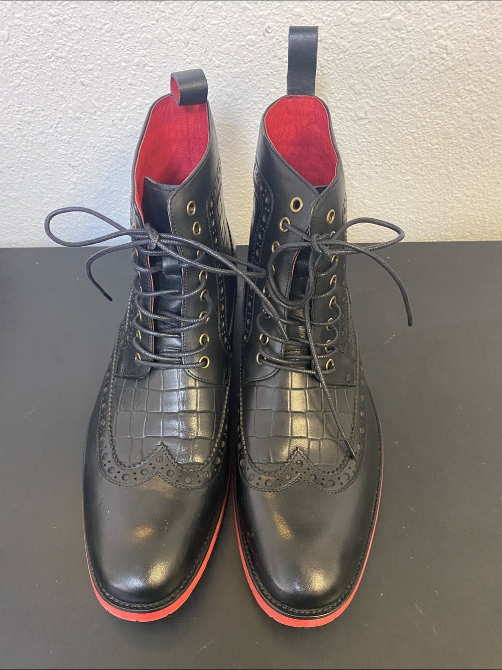 Men's Belmont Black Crocskin Leather Wingtip Combat Boots by marc nolan size 13